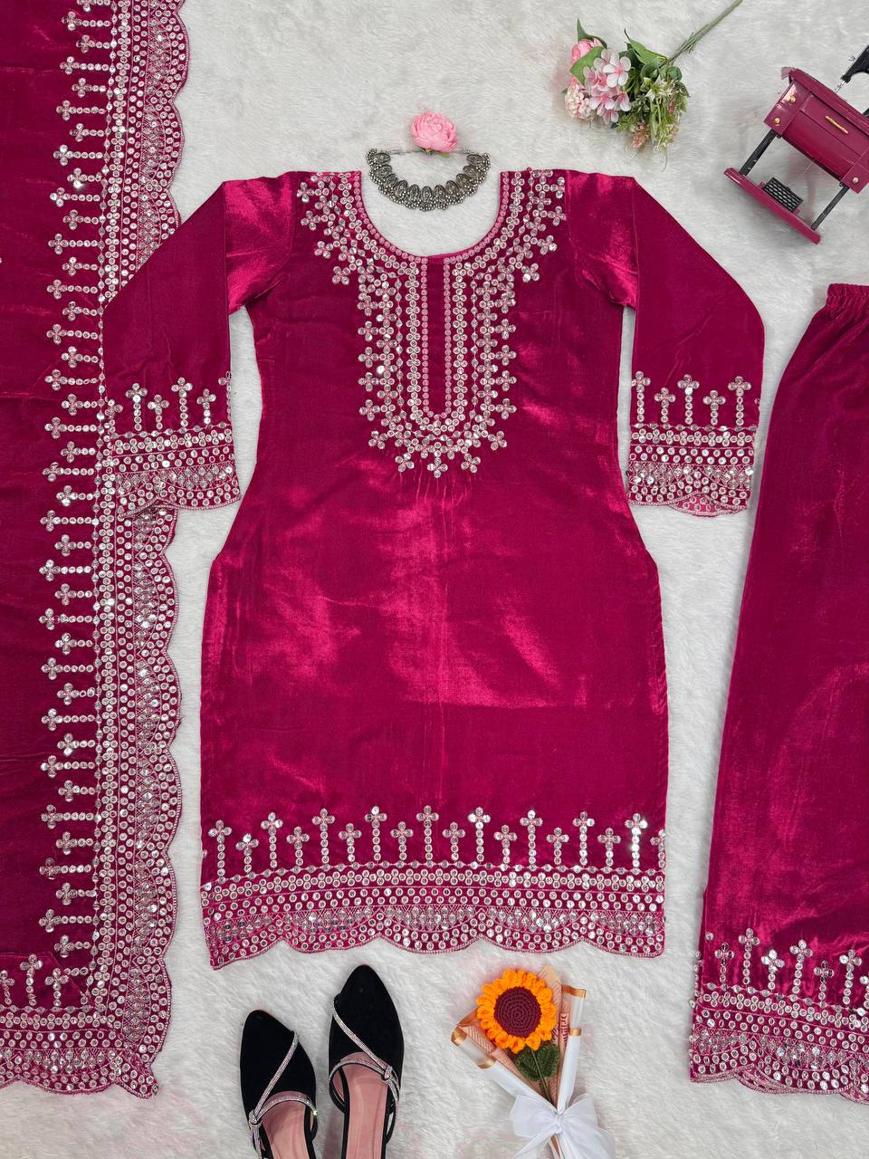 Pink Luxurious Viscose Velvet Plazo Set with Embroidered Dupatta Clothsvilla