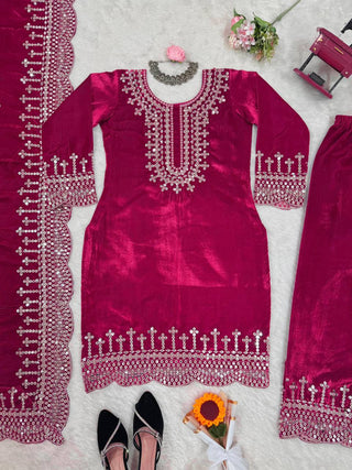 Pink Luxurious Viscose Velvet Plazo Set with Embroidered Dupatta Clothsvilla