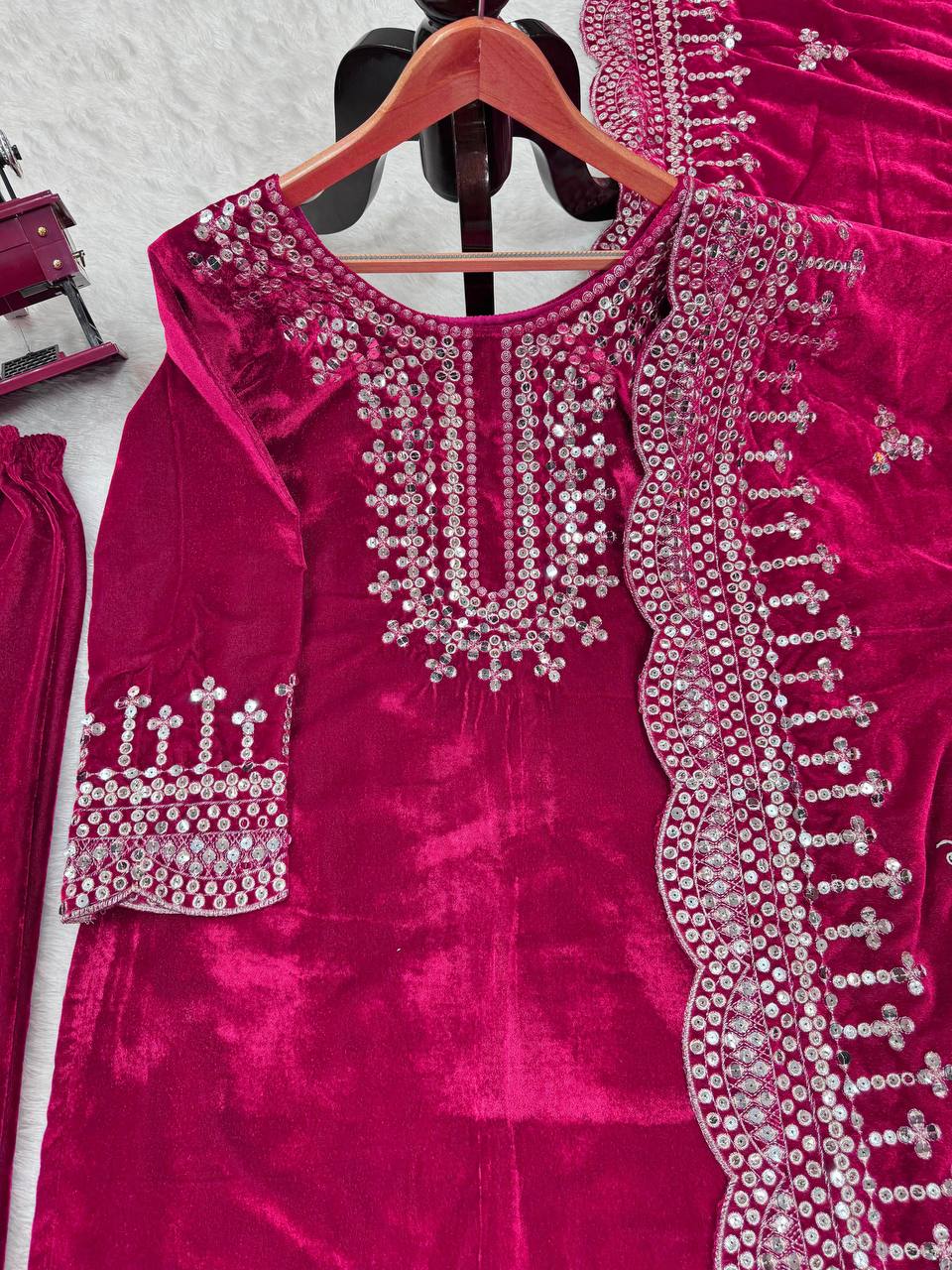 Pink Luxurious Viscose Velvet Plazo Set with Embroidered Dupatta Clothsvilla