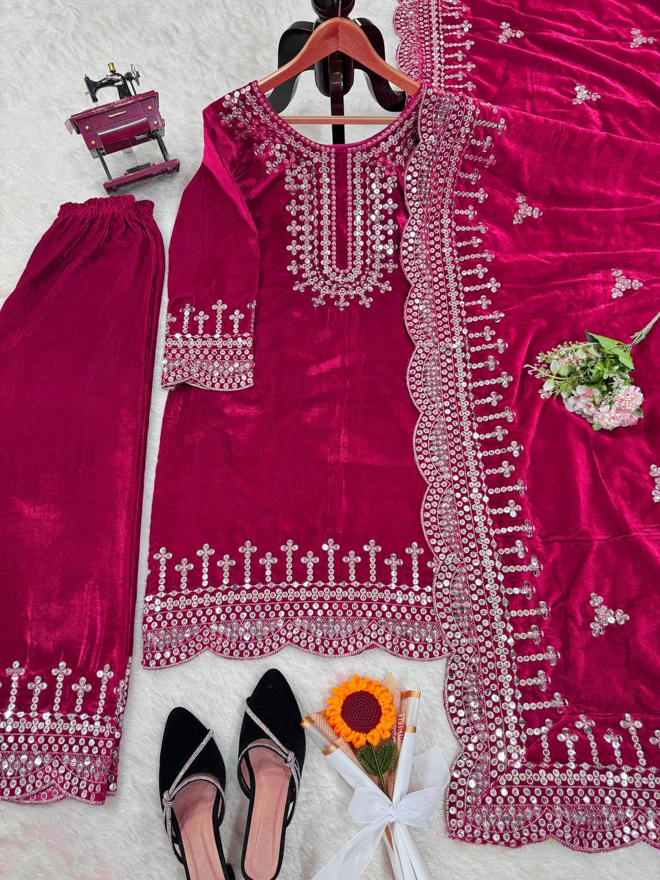 Pink Luxurious Viscose Velvet Plazo Set with Embroidered Dupatta Clothsvilla