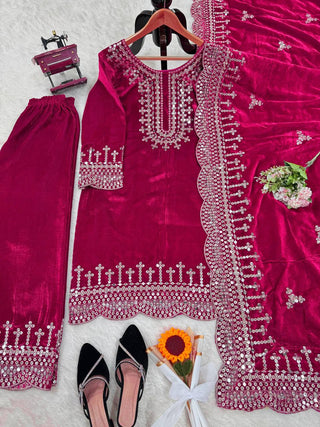 Pink Luxurious Viscose Velvet Plazo Set with Embroidered Dupatta Clothsvilla