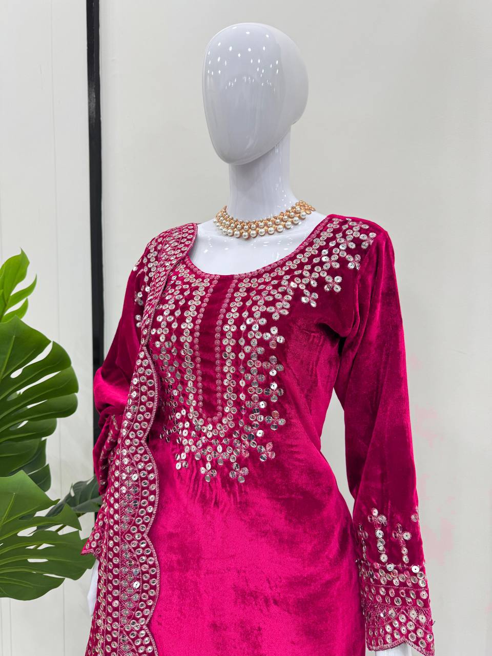 Pink Luxurious Viscose Velvet Plazo Set with Embroidered Dupatta Clothsvilla