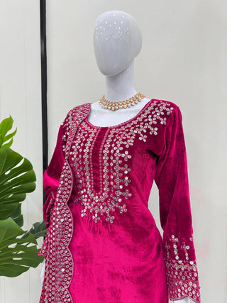 Pink Luxurious Viscose Velvet Plazo Set with Embroidered Dupatta Clothsvilla