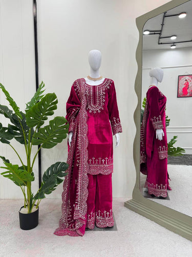 Pink Luxurious Viscose Velvet Plazo Set with Embroidered Dupatta Clothsvilla