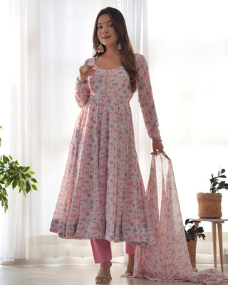 Pink Luxury Chiffon Floral Anarkali Set – Elegant & Breezy for Summer Weddings