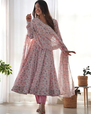 Pink Luxury Chiffon Floral Anarkali Set – Elegant & Breezy for Summer Weddings