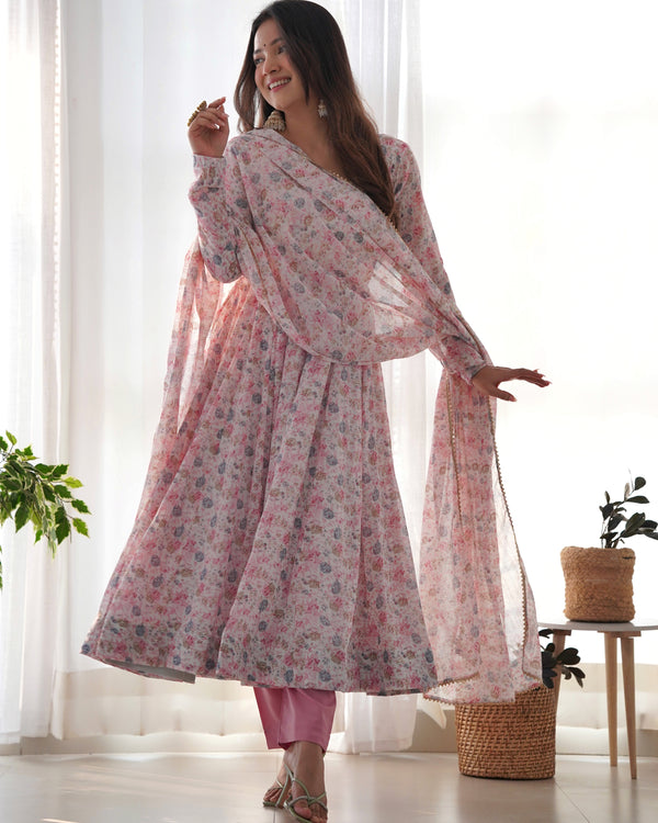 Pink Luxury Chiffon Floral Anarkali Set – Elegant & Breezy for Summer Weddings