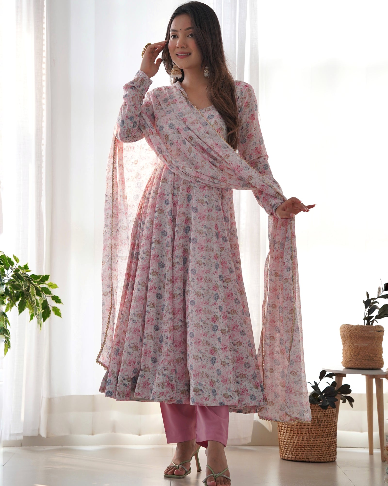 Pink Luxury Chiffon Floral Anarkali Set – Elegant & Breezy for Summer Weddings
