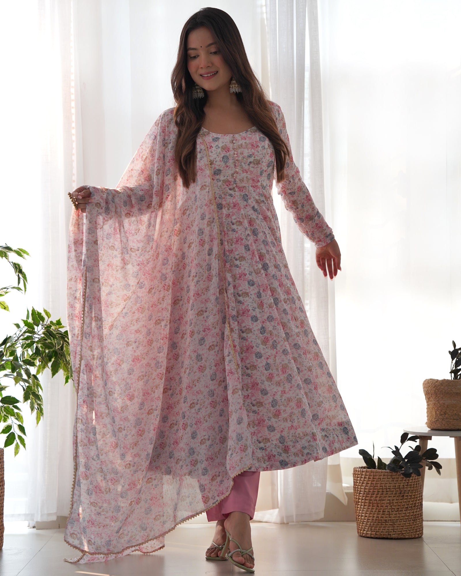 Pink Luxury Chiffon Floral Anarkali Set – Elegant & Breezy for Summer Weddings