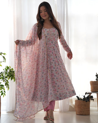 Pink Luxury Chiffon Floral Anarkali Set – Elegant & Breezy for Summer Weddings