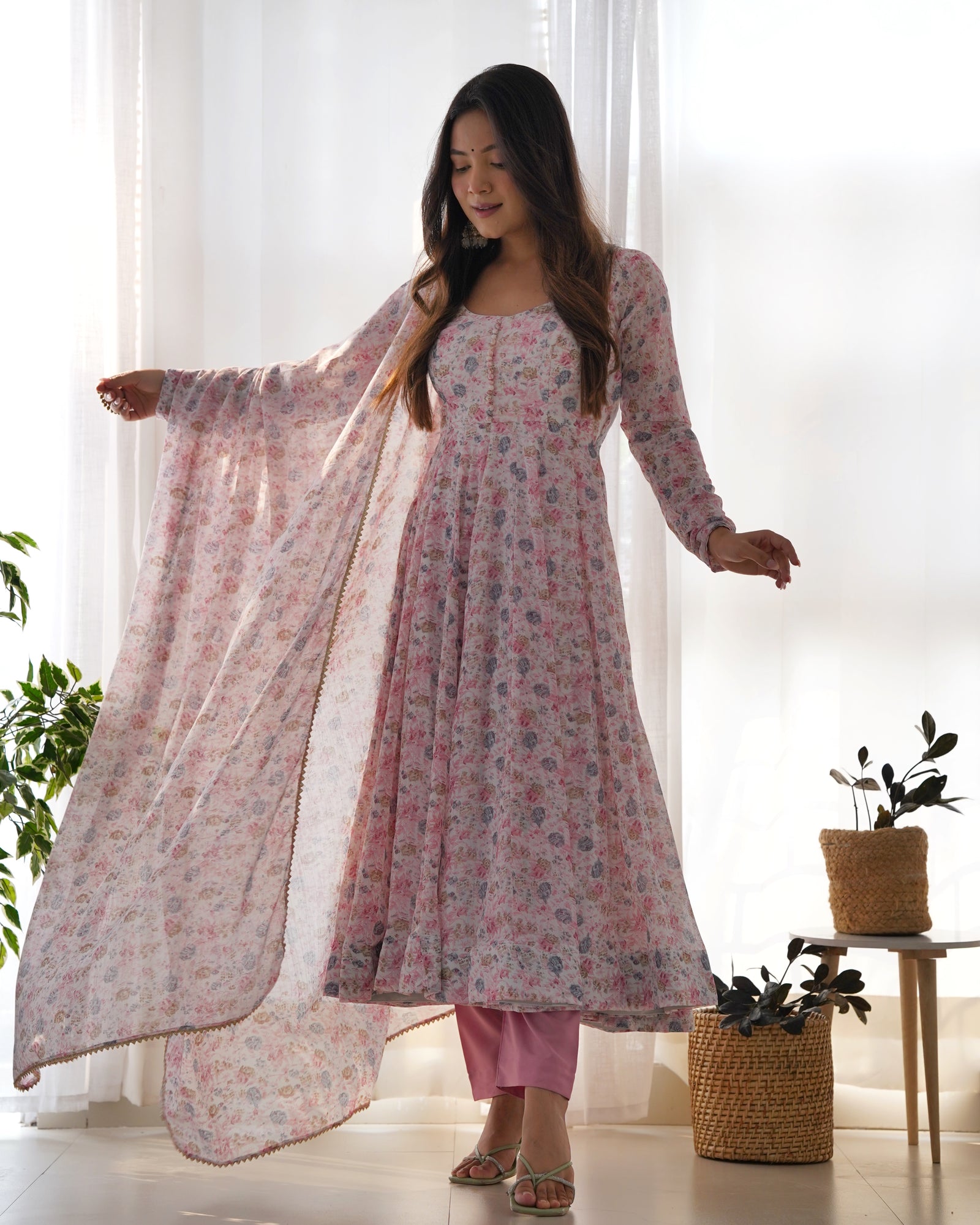 Pink Luxury Chiffon Floral Anarkali Set – Elegant & Breezy for Summer Weddings