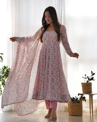 Pink Luxury Chiffon Floral Anarkali Set – Elegant & Breezy for Summer Weddings