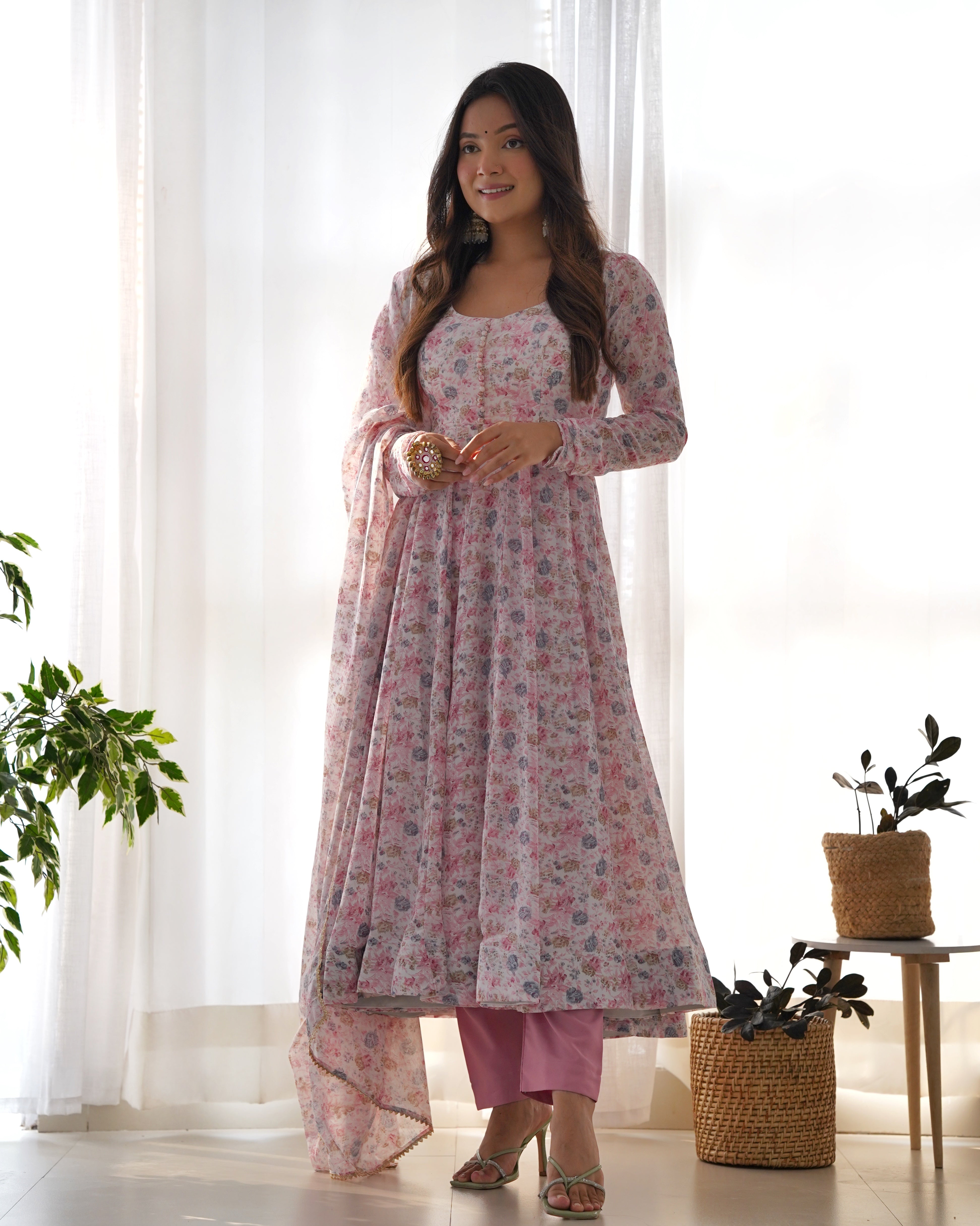 Pink Luxury Chiffon Floral Anarkali Set – Elegant & Breezy for Summer Weddings Main image
