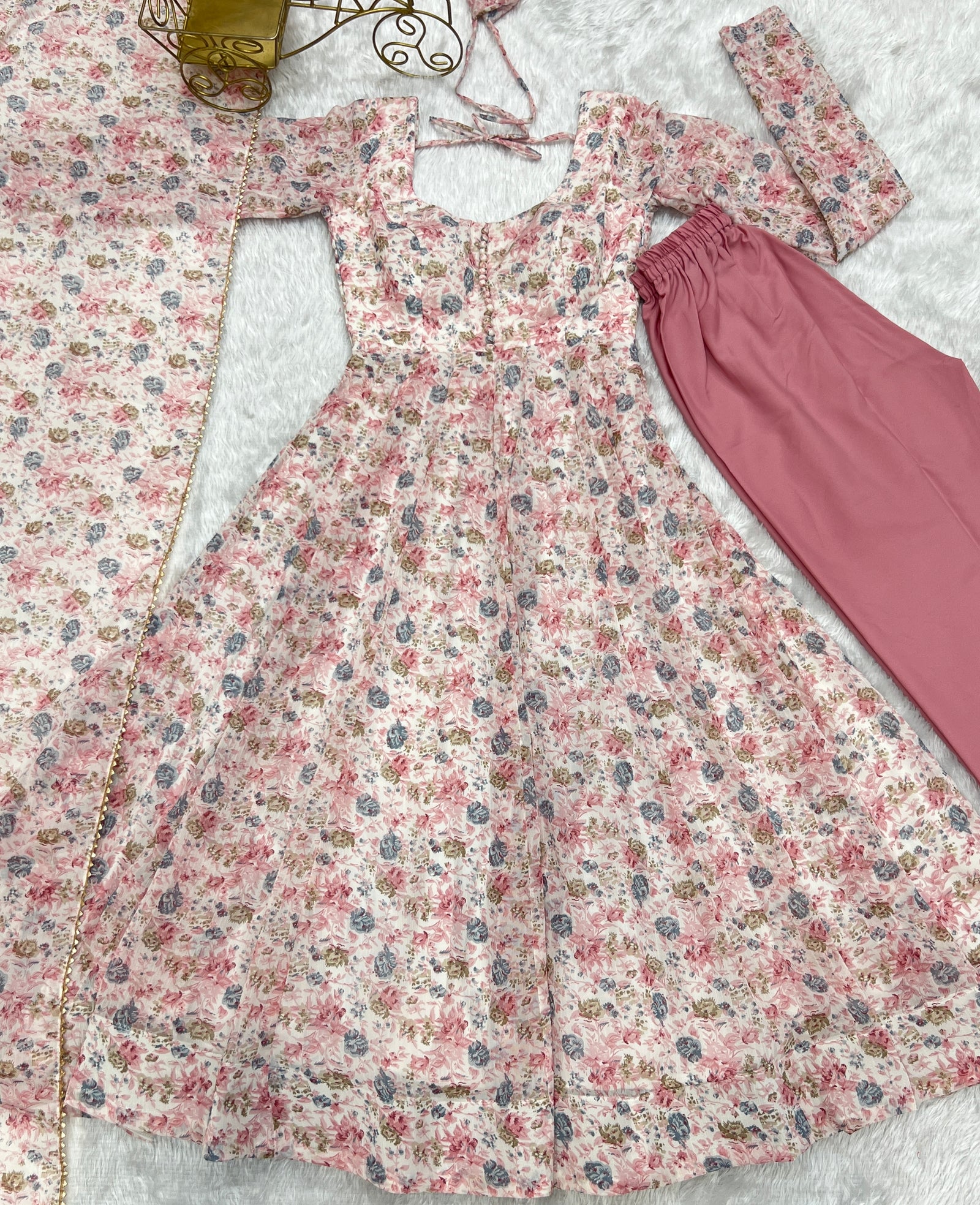 Pink Luxury Chiffon Floral Anarkali Set – Elegant & Breezy for Summer Weddings