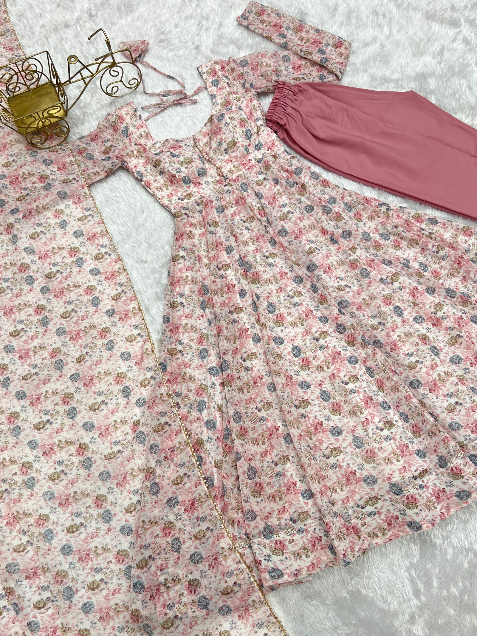 Pink Luxury Chiffon Floral Anarkali Set – Elegant & Breezy for Summer Weddings