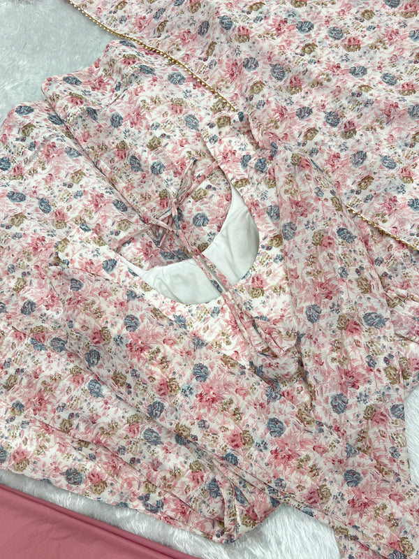 Pink Luxury Chiffon Floral Anarkali Set – Elegant & Breezy for Summer Weddings