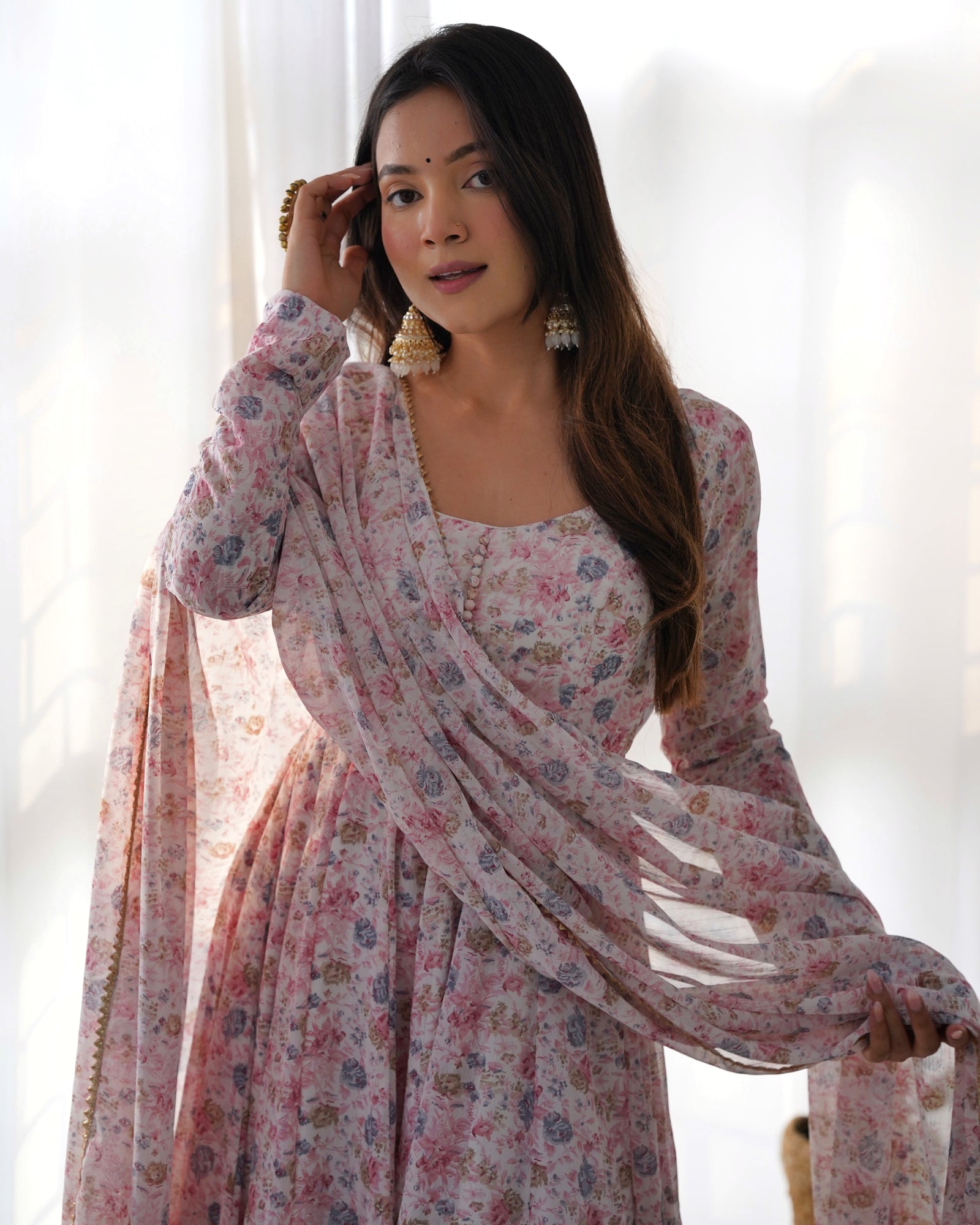 Pink Luxury Chiffon Floral Anarkali Set – Elegant & Breezy for Summer Weddings