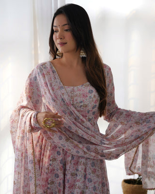 Pink Luxury Chiffon Floral Anarkali Set – Elegant & Breezy for Summer Weddings