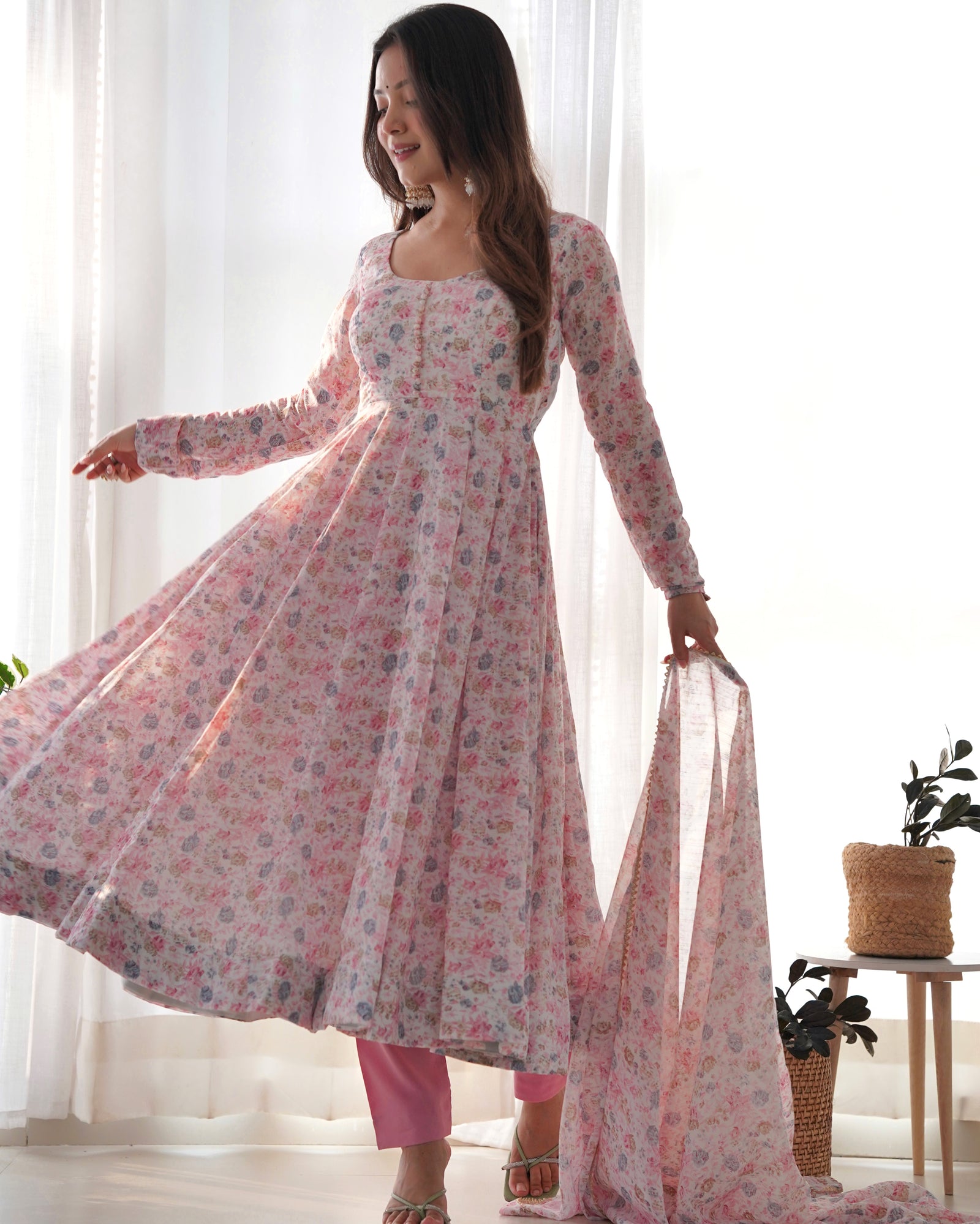 Pink Luxury Chiffon Floral Anarkali Set – Elegant & Breezy for Summer Weddings