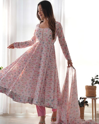 Pink Luxury Chiffon Floral Anarkali Set – Elegant & Breezy for Summer Weddings