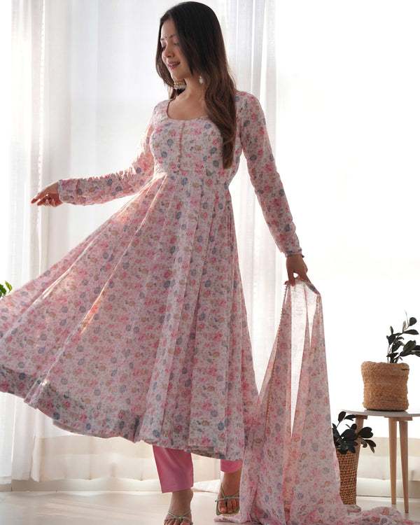 Pink Luxury Chiffon Floral Anarkali Set – Elegant & Breezy for Summer Weddings