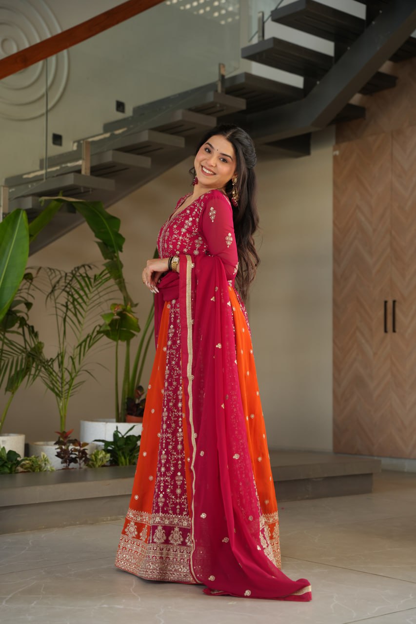 Pink Luxury Faux Blooming Gown Set with Zari & Sequins Embroidery – Kali Cut Design ClothsVilla