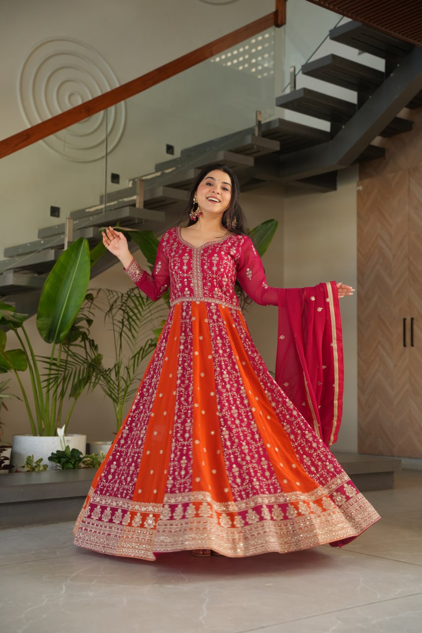 Pink Luxury Faux Blooming Gown Set with Zari & Sequins Embroidery – Kali Cut Design ClothsVilla