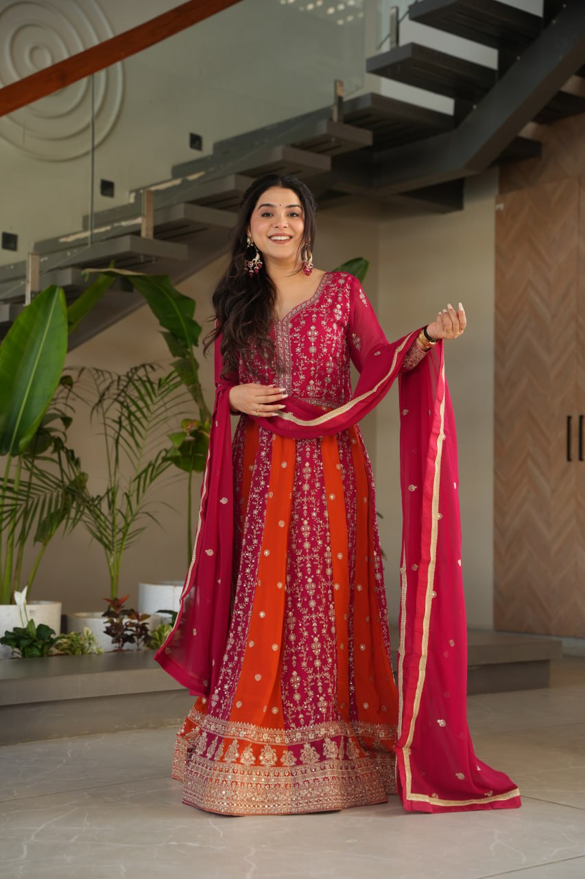 Pink Luxury Faux Blooming Gown Set with Zari & Sequins Embroidery – Kali Cut Design ClothsVilla
