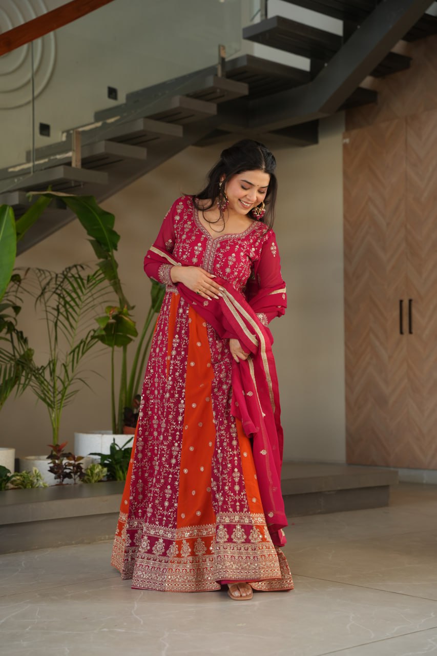 Pink Luxury Faux Blooming Gown Set with Zari & Sequins Embroidery – Kali Cut Design ClothsVilla