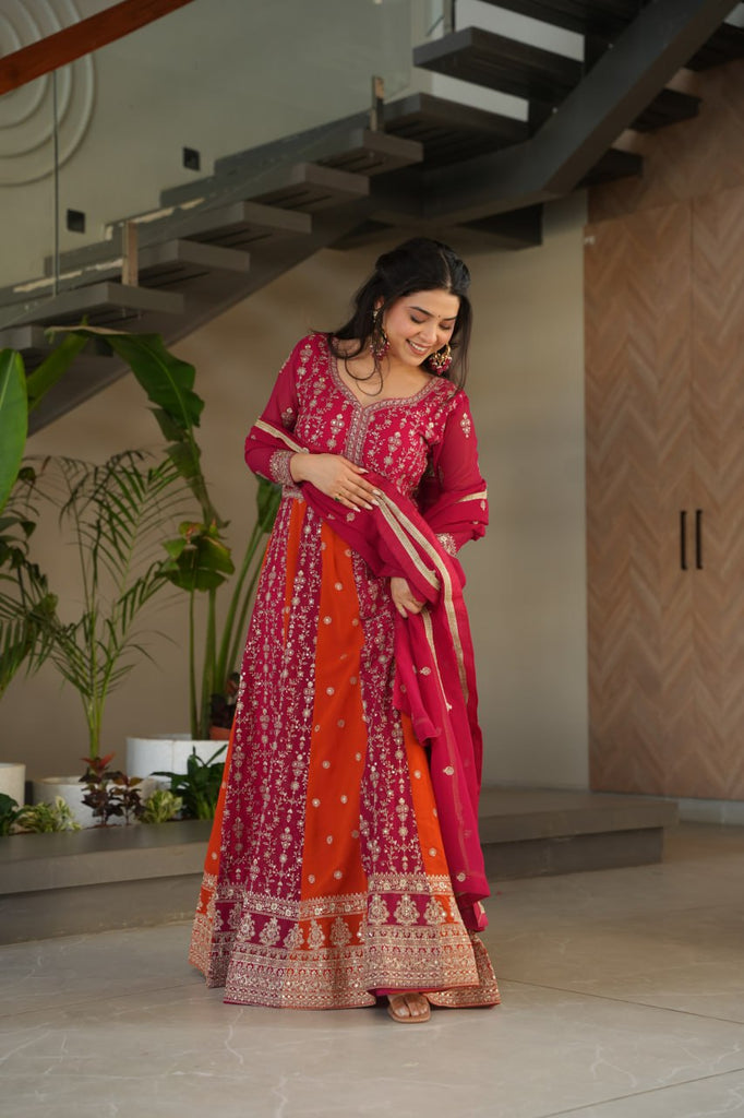 Pink Luxury Faux Blooming Gown Set with Zari & Sequins Embroidery – Kali Cut Design ClothsVilla