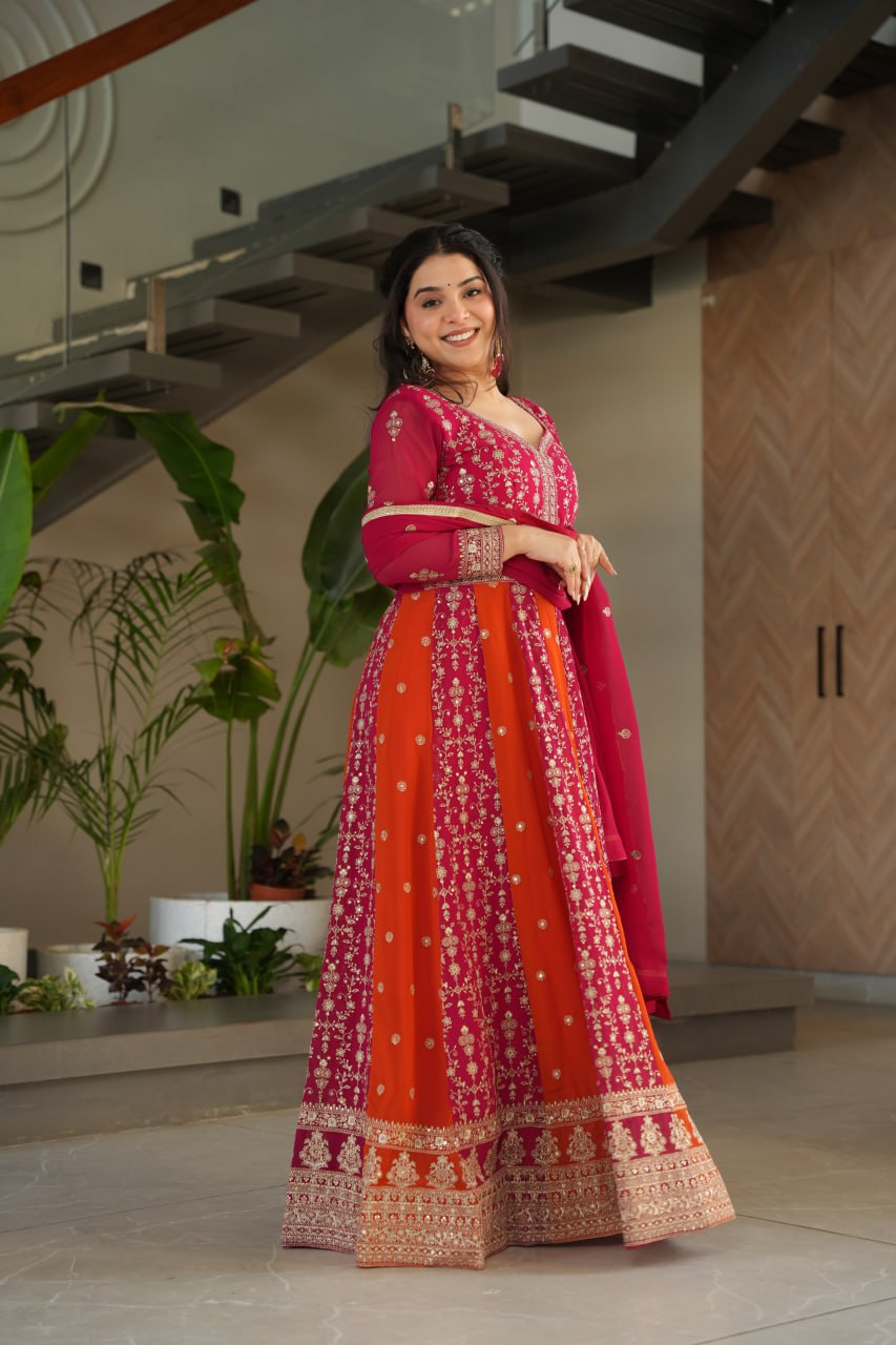 Pink Luxury Faux Blooming Gown Set with Zari & Sequins Embroidery – Kali Cut Design ClothsVilla