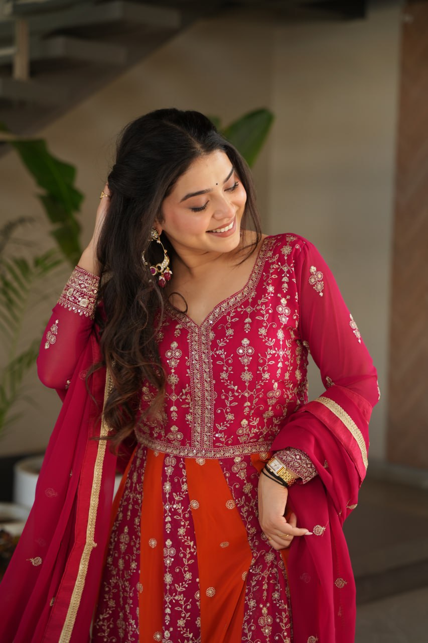Pink Luxury Faux Blooming Gown Set with Zari & Sequins Embroidery – Kali Cut Design ClothsVilla
