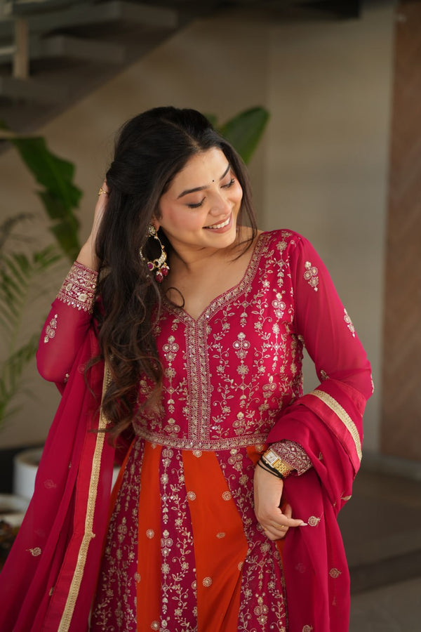 Pink Luxury Faux Blooming Gown Set with Zari & Sequins Embroidery – Kali Cut Design ClothsVilla
