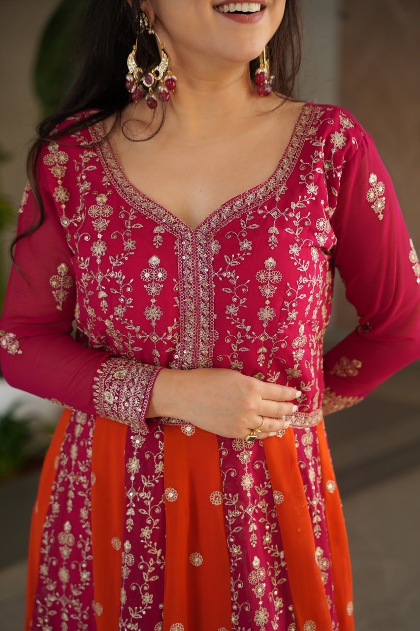 Pink Luxury Faux Blooming Gown Set with Zari & Sequins Embroidery – Kali Cut Design ClothsVilla