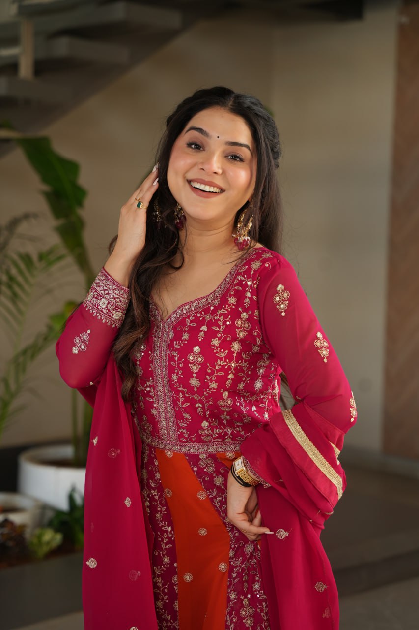 Pink Luxury Faux Blooming Gown Set with Zari & Sequins Embroidery – Kali Cut Design ClothsVilla