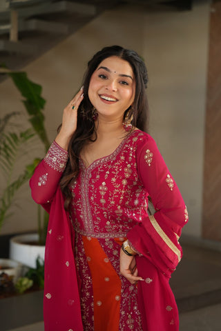 Pink Luxury Faux Blooming Gown Set with Zari & Sequins Embroidery – Kali Cut Design ClothsVilla