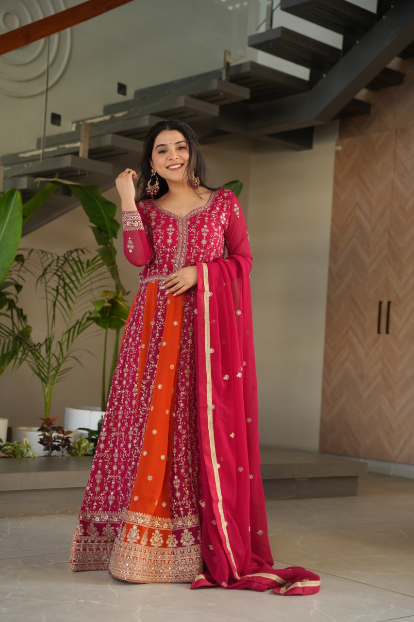 Pink Luxury Faux Blooming Gown Set with Zari & Sequins Embroidery – Kali Cut Design ClothsVilla