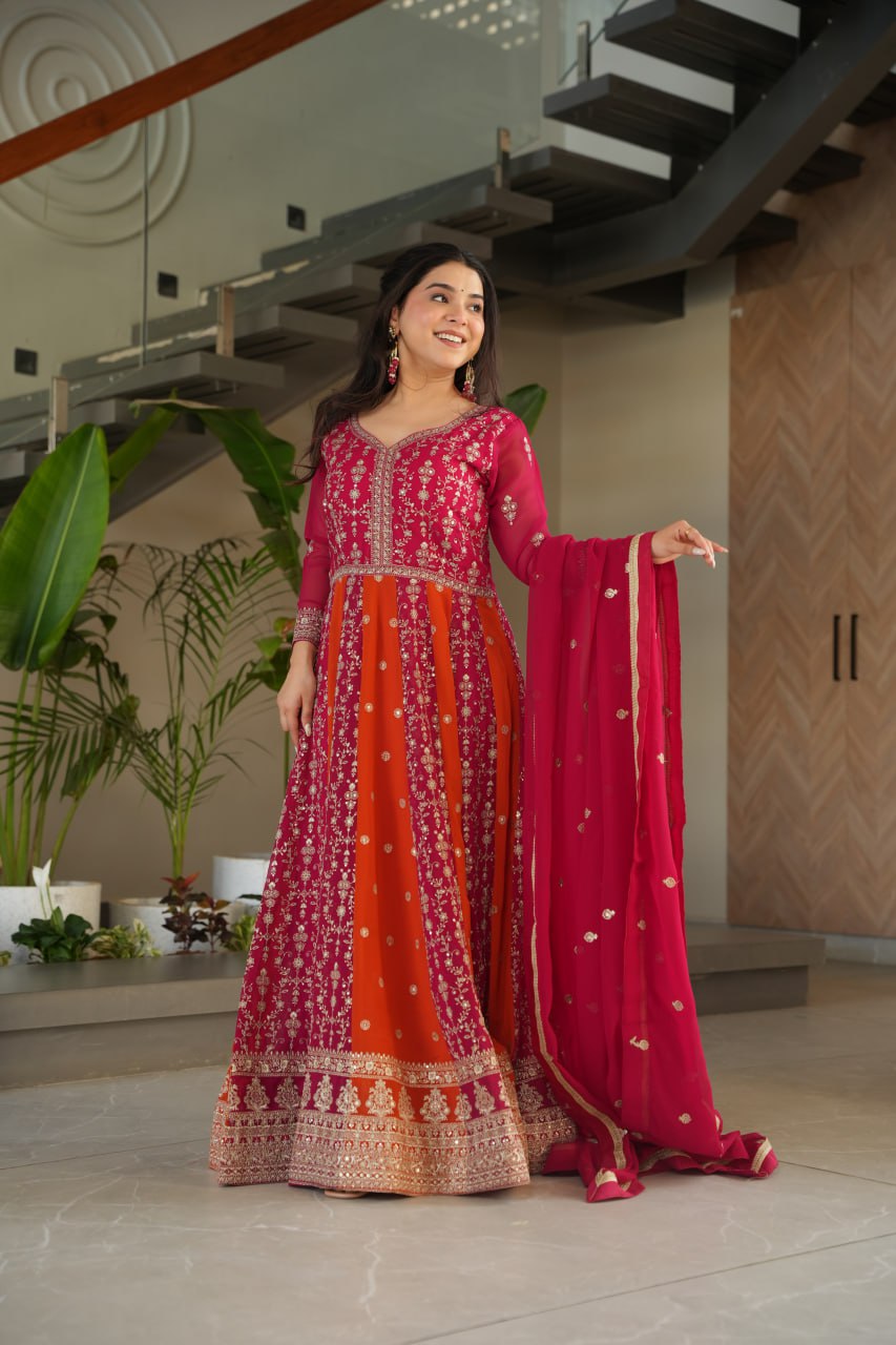 Pink Luxury Faux Blooming Gown Set with Zari & Sequins Embroidery – Kali Cut Design ClothsVilla