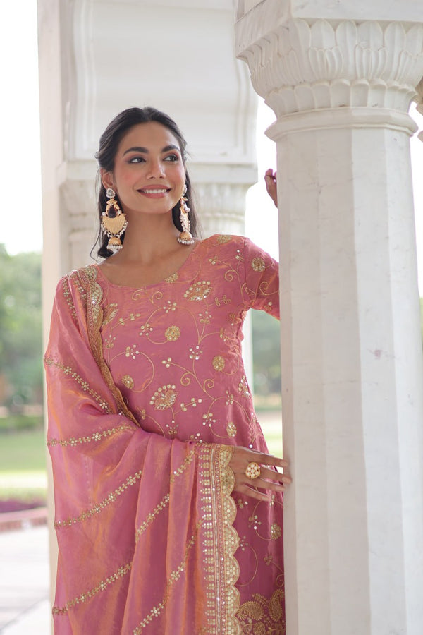 Pink Luxury Fendy Silk Sequins Embroidered Kurti with Sharara & Matching Cut-Work Dupatta Party & Festive Wear Set Clothsvilla