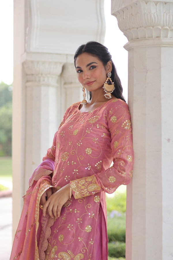 Pink Luxury Fendy Silk Sequins Embroidered Kurti with Sharara & Matching Cut-Work Dupatta Party & Festive Wear Set Clothsvilla