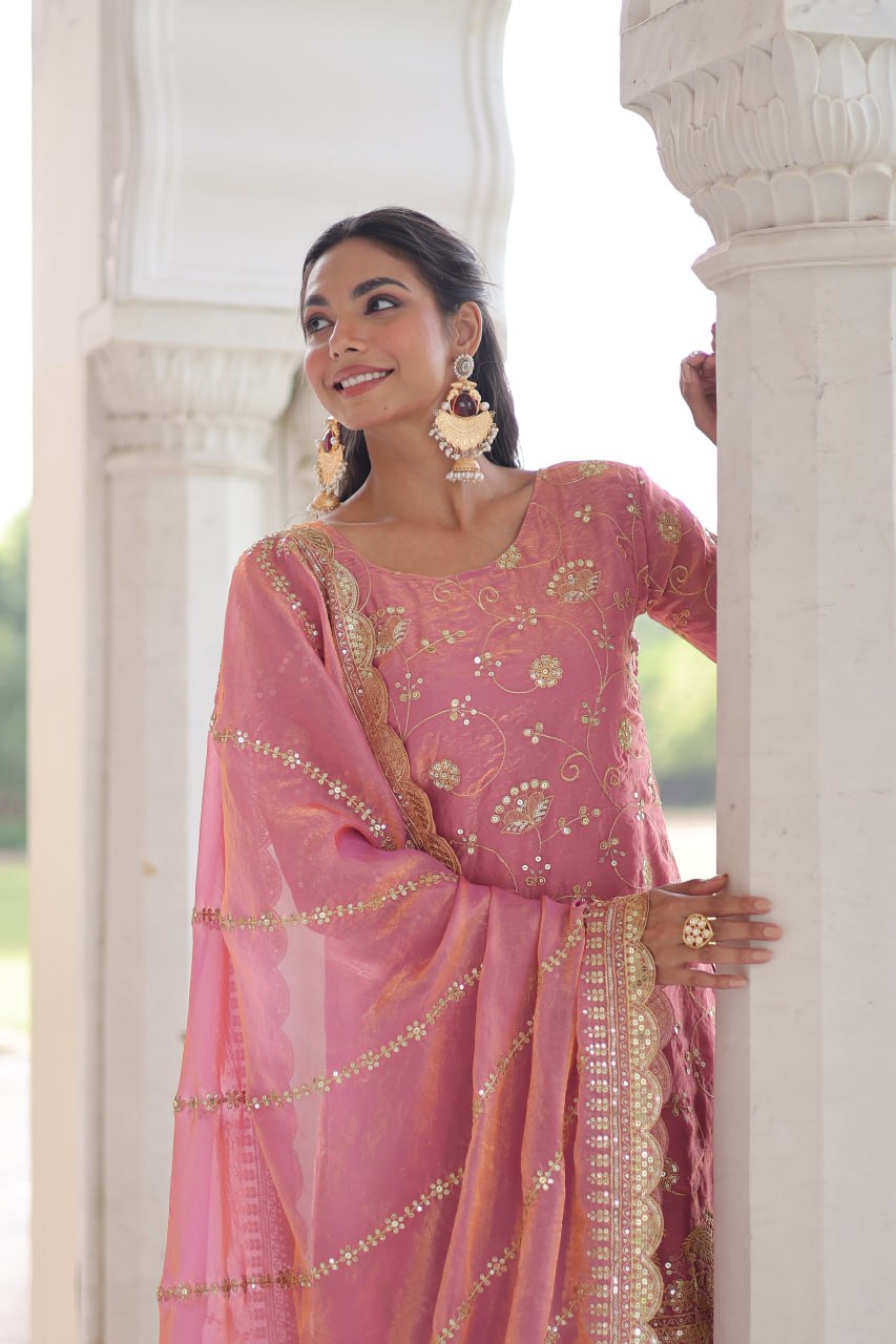 Pink Luxury Fendy Silk Sequins Embroidered Kurti with Sharara & Matching Cut-Work Dupatta Party & Festive Wear Set Clothsvilla