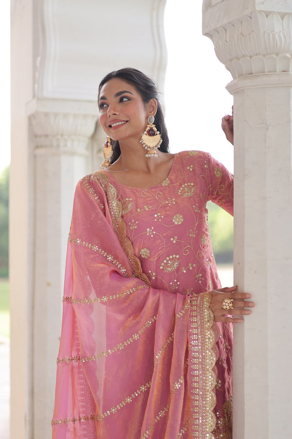 Pink Luxury Fendy Silk Sequins Embroidered Kurti with Sharara & Matching Cut-Work Dupatta Party & Festive Wear Set Clothsvilla