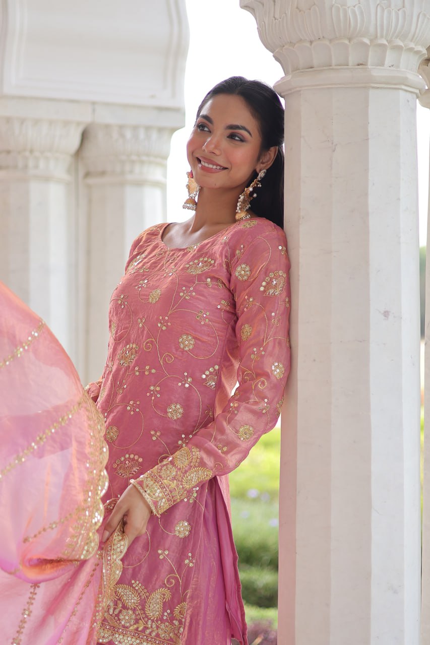 Pink Luxury Fendy Silk Sequins Embroidered Kurti with Sharara & Matching Cut-Work Dupatta Party & Festive Wear Set Clothsvilla