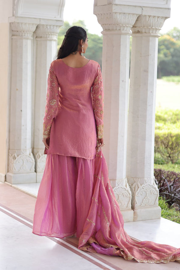 Pink Luxury Fendy Silk Sequins Embroidered Kurti with Sharara & Matching Cut-Work Dupatta Party & Festive Wear Set Clothsvilla