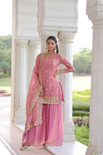 Pink Luxury Fendy Silk Sequins Embroidered Kurti with Sharara & Matching Cut-Work Dupatta Party & Festive Wear Set Clothsvilla