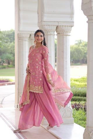 Pink Luxury Fendy Silk Sequins Embroidered Kurti with Sharara & Matching Cut-Work Dupatta Party & Festive Wear Set Clothsvilla