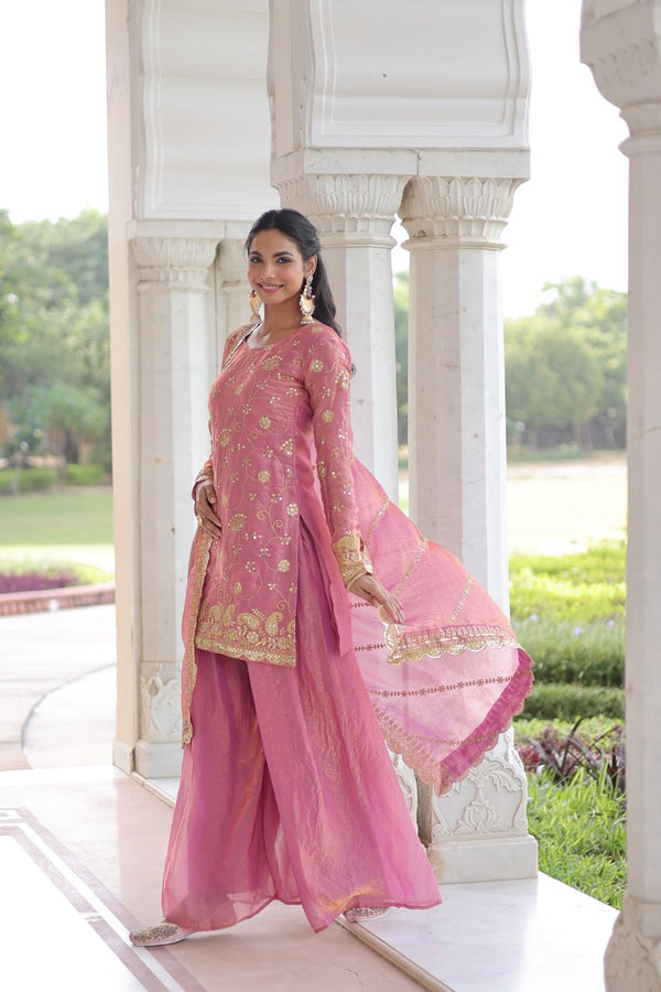 Pink Luxury Fendy Silk Sequins Embroidered Kurti with Sharara & Matching Cut-Work Dupatta Party & Festive Wear Set Clothsvilla