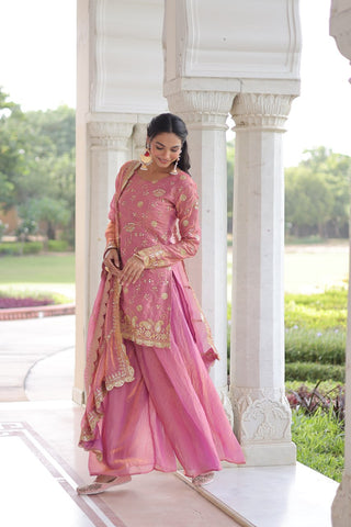 Pink Luxury Fendy Silk Sequins Embroidered Kurti with Sharara & Matching Cut-Work Dupatta Party & Festive Wear Set Clothsvilla