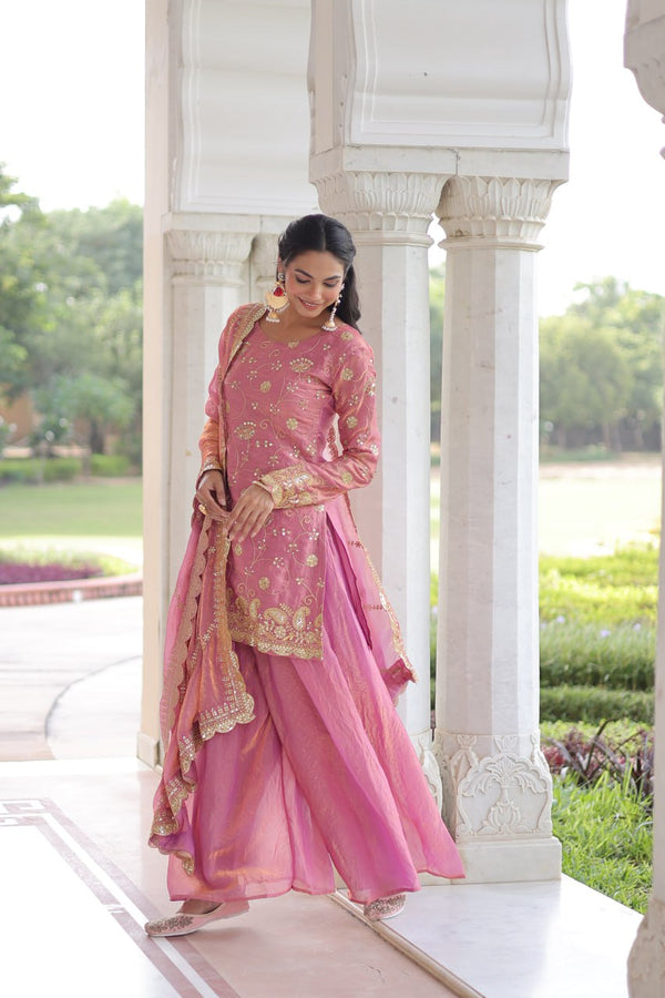 Pink Luxury Fendy Silk Sequins Embroidered Kurti with Sharara & Matching Cut-Work Dupatta Party & Festive Wear Set Clothsvilla