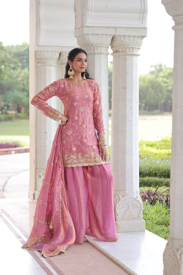 Pink Luxury Fendy Silk Sequins Embroidered Kurti with Sharara & Matching Cut-Work Dupatta Party & Festive Wear Set Clothsvilla